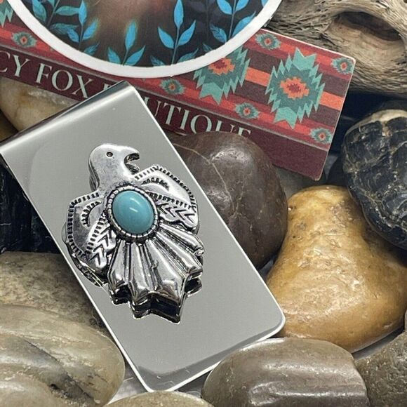 THUNDERBIRD Native American Money Clip Stainless Steel UNIQUE T-Bird Turquoise - Picture 9 of 11